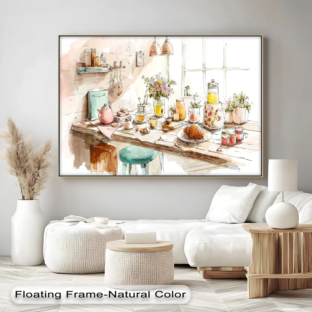 Cozy French Breakfast Table – Watercolor Kitchen Scene Canvas Print - MyPhotoStation
