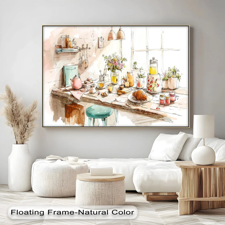 Cozy French Breakfast Table – Watercolor Kitchen Scene Canvas Print - MyPhotoStation