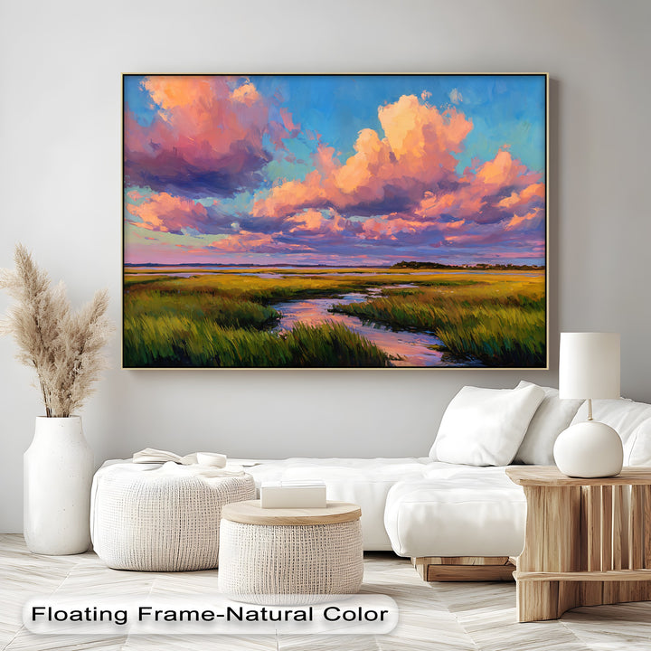 Geometric elements create a dynamic canvas artwork with the Golden Sunset Marsh Landscape Canvas Print, portraying the dramatic sky above the reflective water and lush grasses.