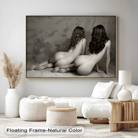 Negative space surrounds the horizontal canvas wall decor of 'Sepia Reverie,' an erotic canvas print showcasing two nudes in a sepia-toned aesthetic.