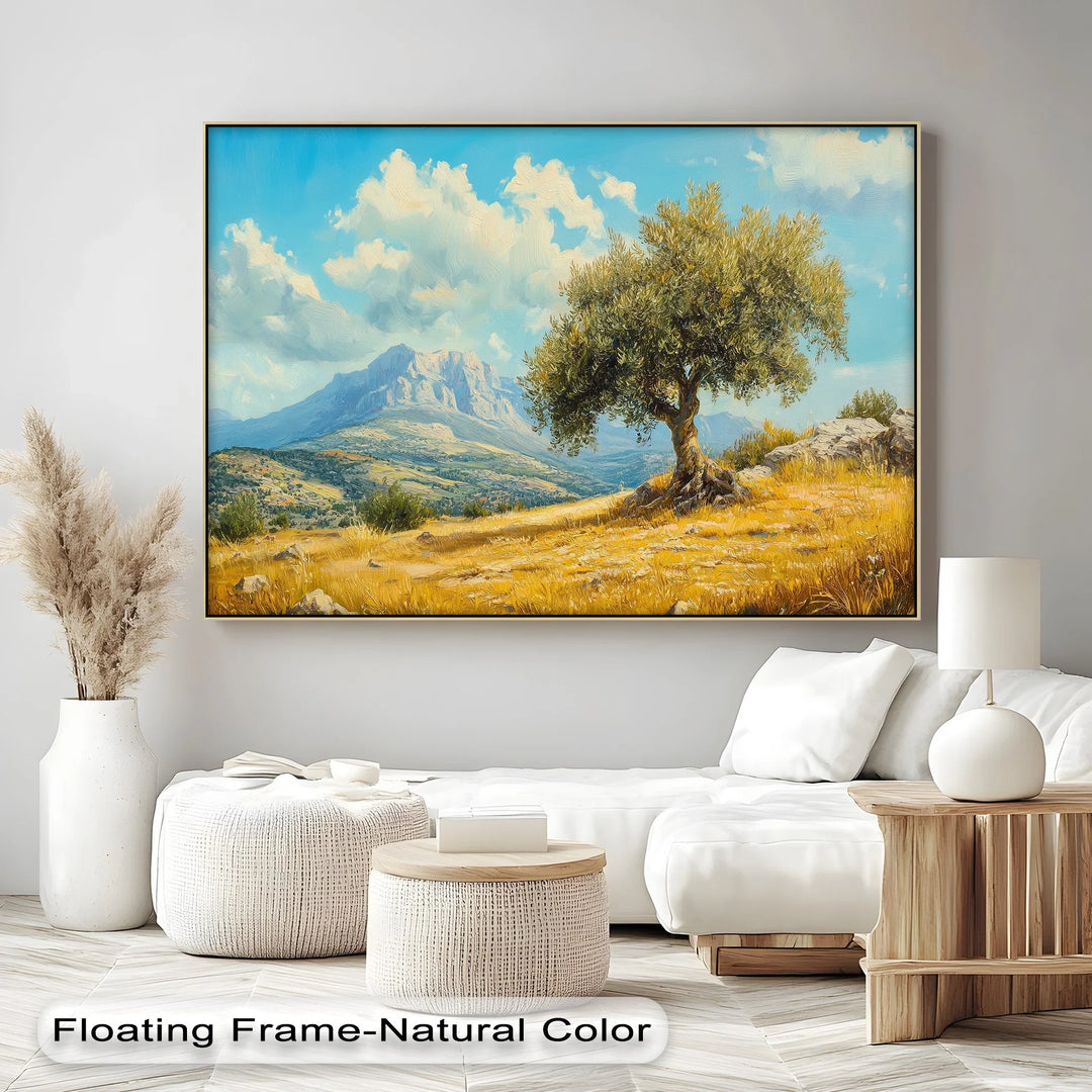 Lone Olive Tree in Golden Valley – Mediterranean Landscape Canvas Print