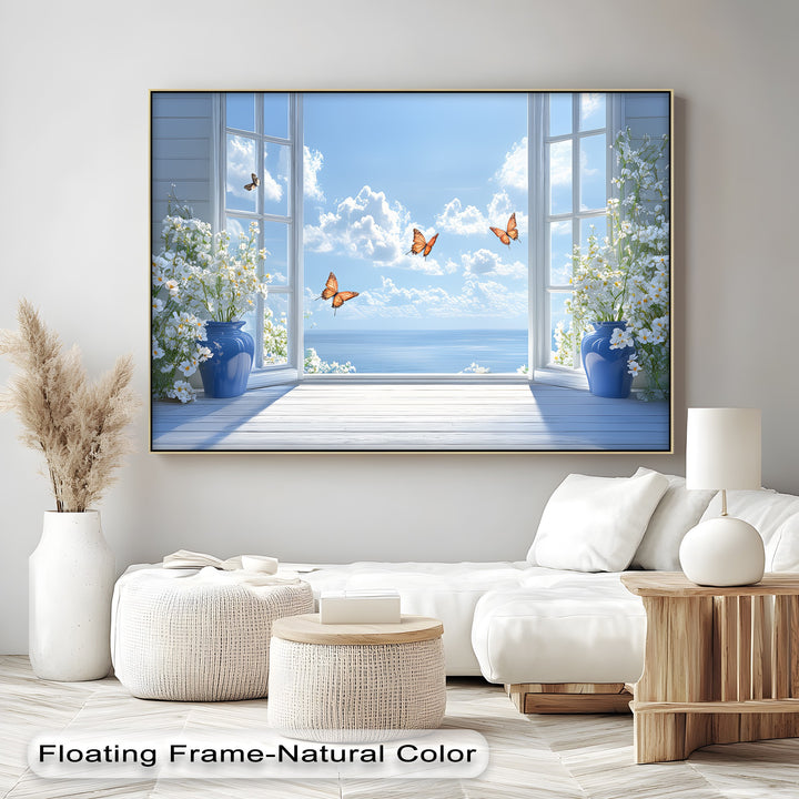 Ocean Breeze Serenity – Blue Vase Flowers and Butterflies Canvas Print