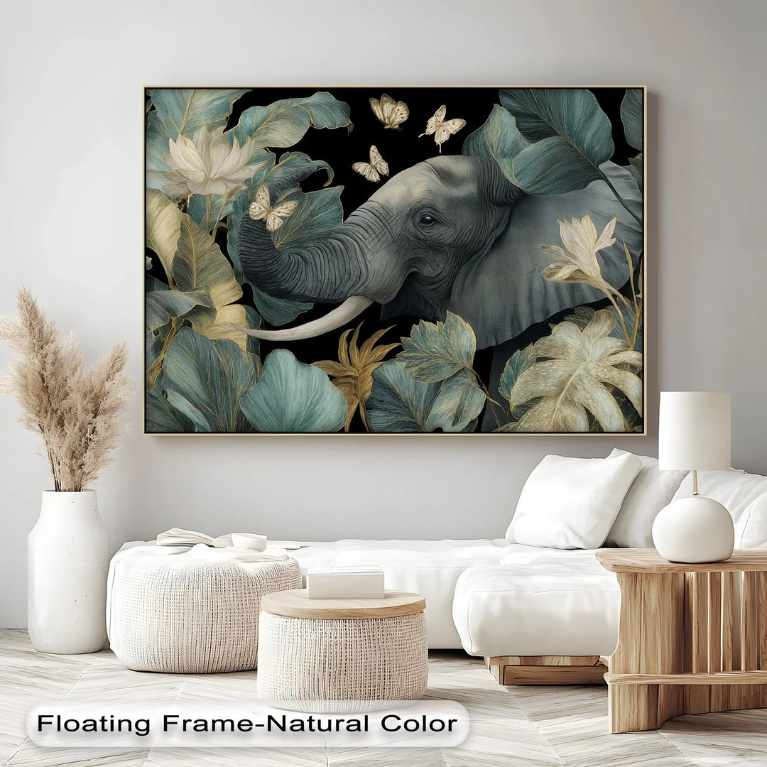 Tropical forest elephant artwork on canvas with soft gold accents

