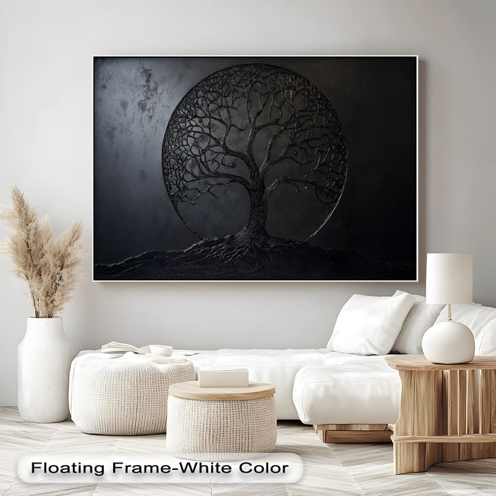Showcasing low color saturation, this 'Black Tree of Life' minimalist nature canvas pictures print features dark, textured tones.