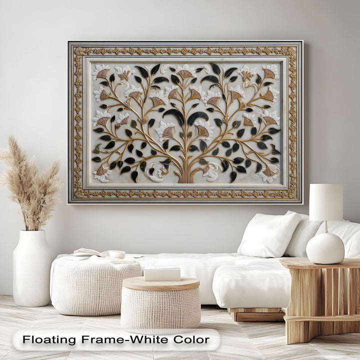 Visual rhythm flows through the elegant botanical unique canvas print, featuring intricate gold branches, dark leaves, and delicate white flowers.