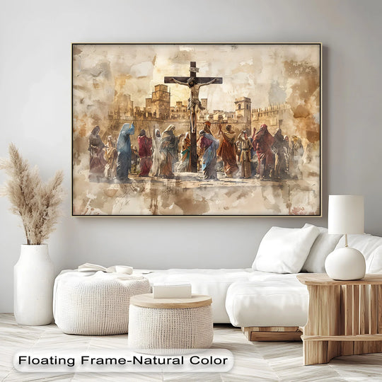 Canvas print Witness to the Cross and Jesus Crucifixion Scene spiritual art with a vintage sepia style perfect for prayer rooms