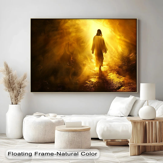 He Walks in Glory canvas print walking figure in gold light Christian decor and faith art with Easter home decoration