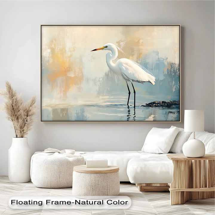 Reflections – soft pastel canvas print featuring a graceful egret.

