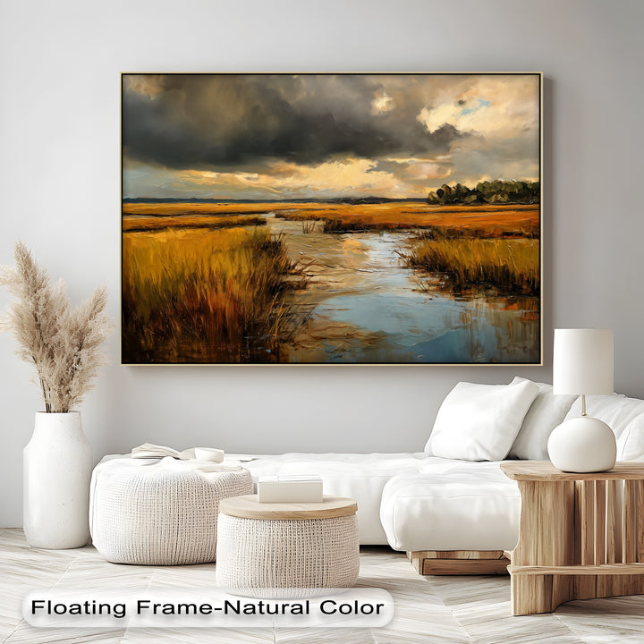 Framed in a natural color, the edge of this golden marsh storm landscape canvas print presents a high quality canvas prints finish for a dramatic nature wall art piece.