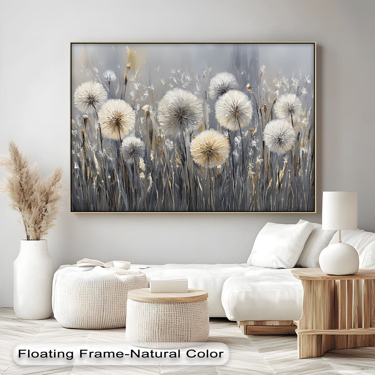 Defined by geometric elements, this dandelion field in neutral tones canvas print features a striking array of spheres and lines, making it one of the best canvas prints.