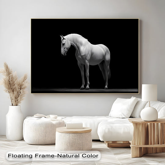 Canvas wall art of a white horse on black and minimalist style and horse canvas print plus elegant modern wall art