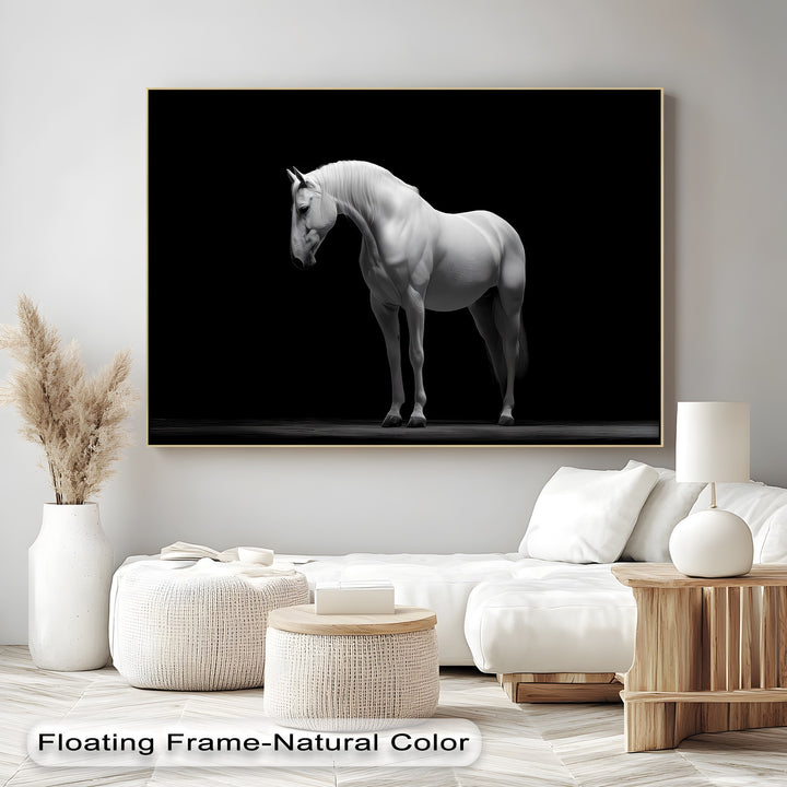 White Horse on Black Background Minimalist - Horse Canvas Print