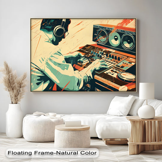 Featuring a floating frame in a natural color, this retro DJ studio canvas print showcases a beautiful canvas wall art finish, adding a subtle texture to the bold design.