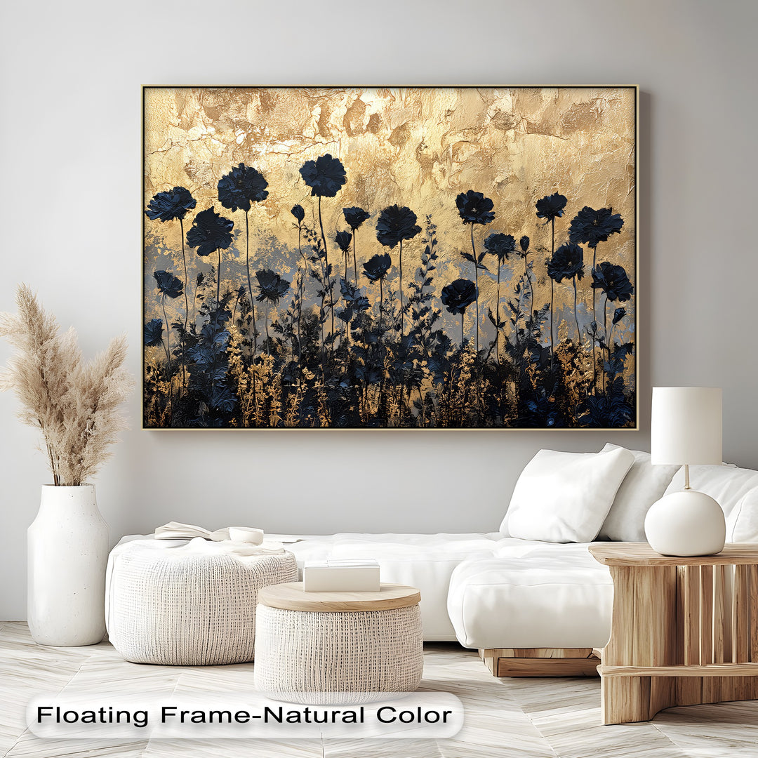 Golden Twilight Meadow – Black Floral Silhouette Canvas Print
