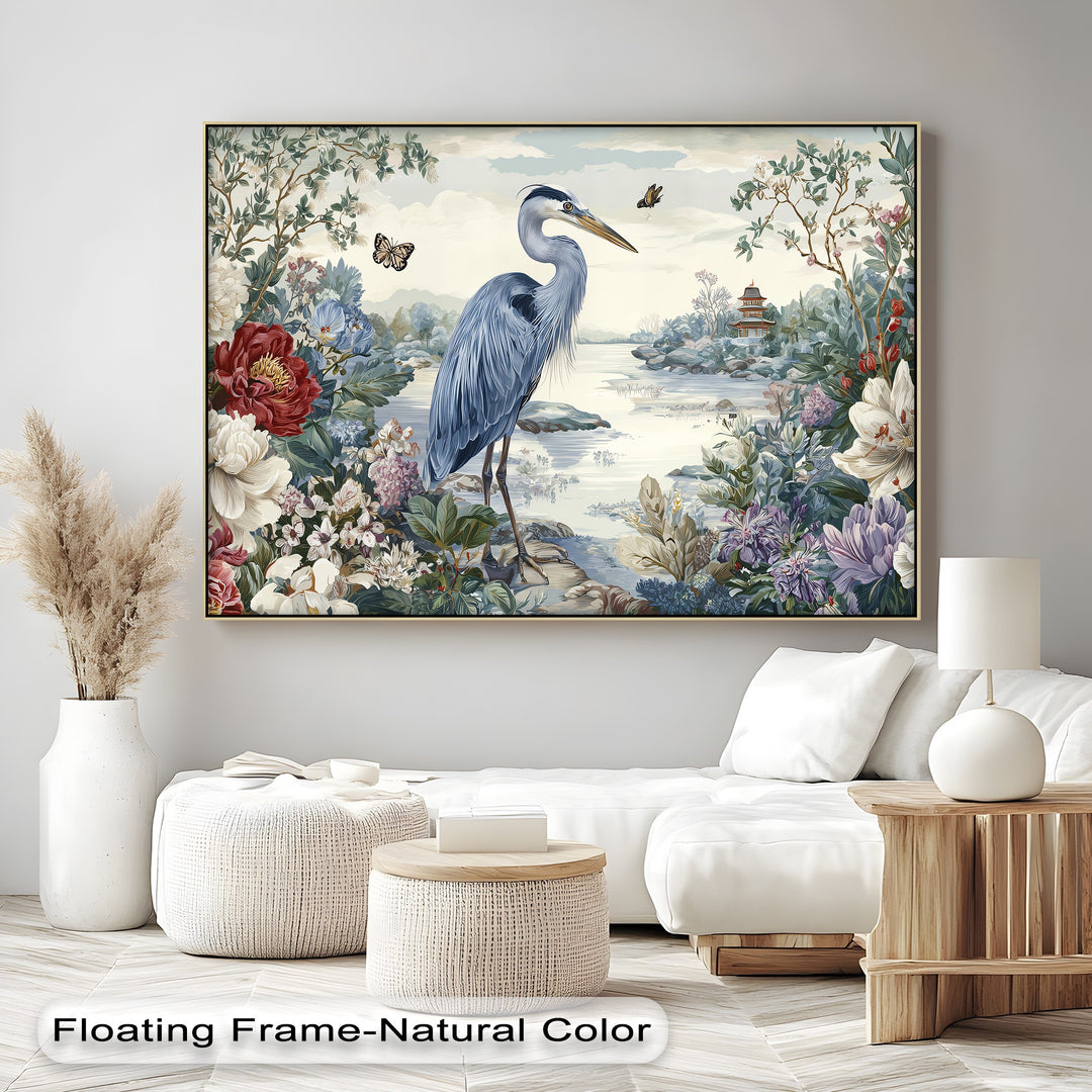 Calm mood is evoked by this elegant heron garden canvas print, a unique canvas print featuring serene floral nature wall art with butterflies in a tranquil scene.
