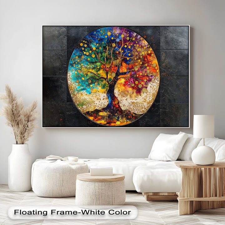 Dynamic color contrast highlights this round, abstract, colorful tree big canvas prints, brilliant against a dark, textured background.