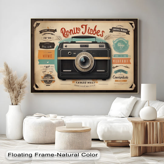 Darkest area reveals a vintage camera in this canvas artwork print, showcasing retro focus and playful typography collage.
