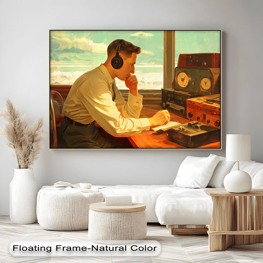The focal point in this 'Signal of Thought' canvas print is the vintage listener, making it a striking piece of canvas wall art for any home studio.