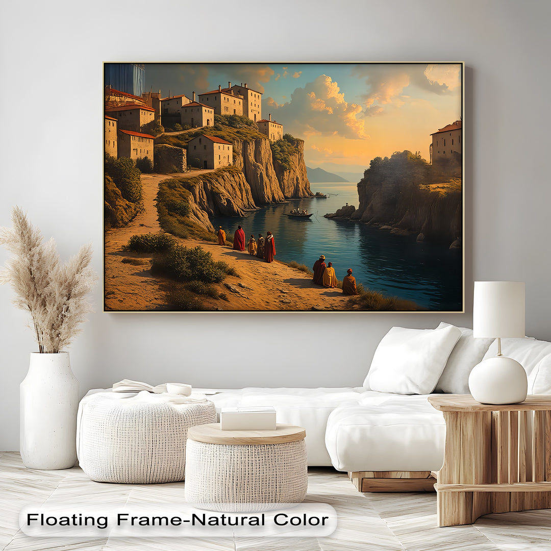 Clifftop Village Serenity – Coastal Sunset Canvas Wall Art | Large Canvas Art