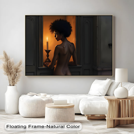 The realistic detail of the Candlelight Gaze is enhanced by the hanging canvas, providing an intimate erotic framed art piece ideal for elegant bedroom decor.
