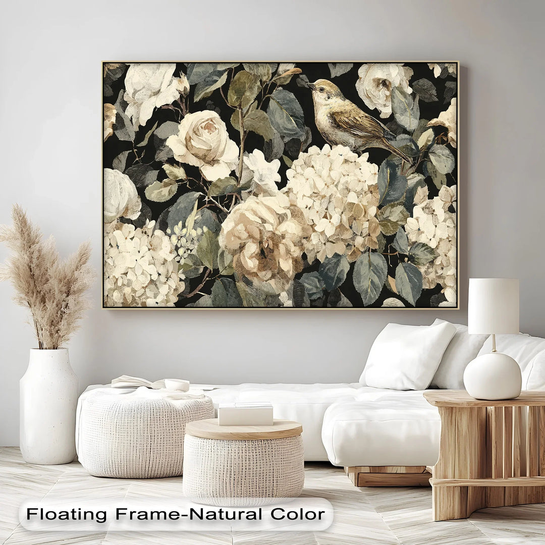 Vintage Garden Song – Bird and Cream Floral Canvas Print - MyPhotoStation