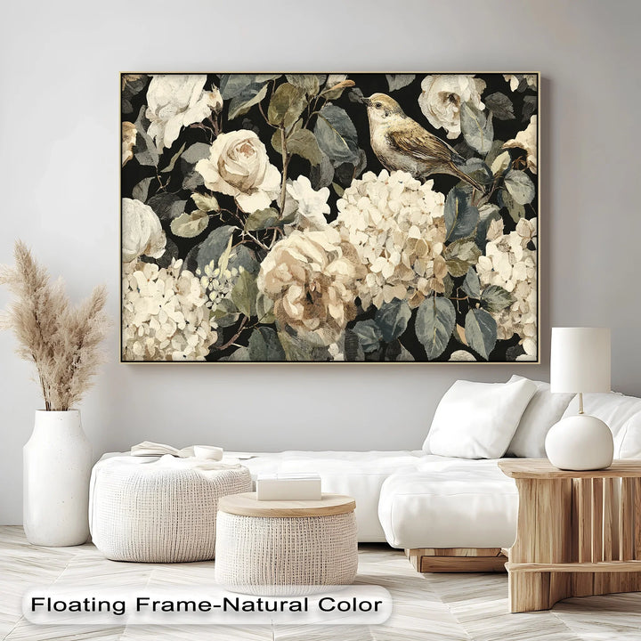 Vintage Garden Song – Bird and Cream Floral Canvas Print - MyPhotoStation