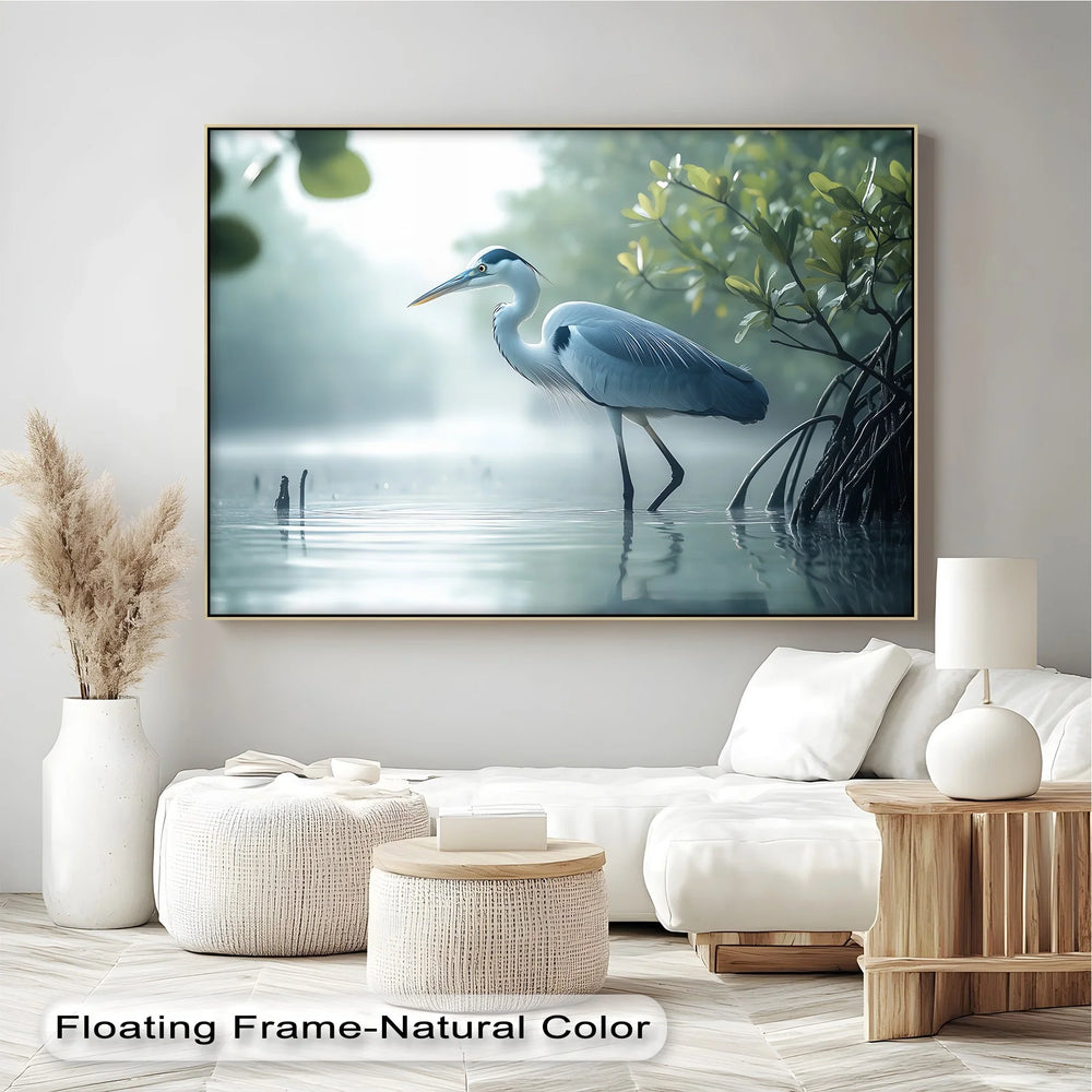 Silent Watcher – blue heron canvas wall art in a misty forest setting.

