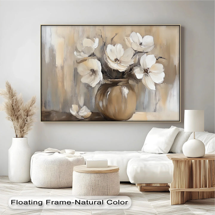 Rustic Floral Still Life – beige and ivory flower canvas art.

