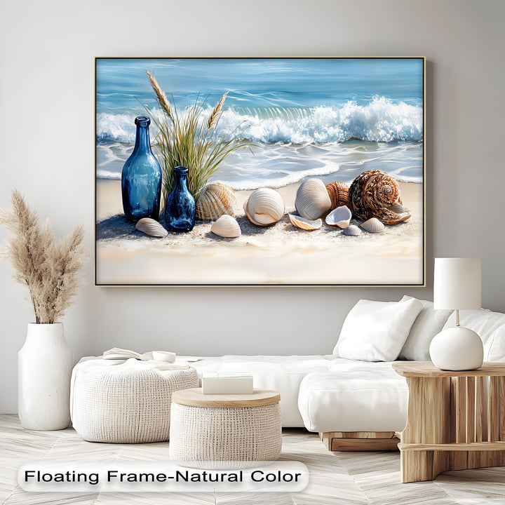 Blue Bottles and Seashells on Seashore - Canvas Print