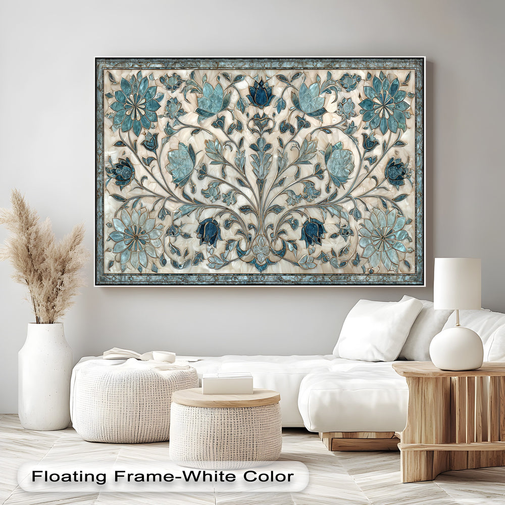 Negative space, a creamy backdrop, accentuates the elegant blue floral ornament canvas painting's intricate botanical design.