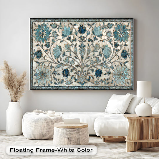 Negative space, a creamy backdrop, accentuates the elegant blue floral ornament canvas painting's intricate botanical design.