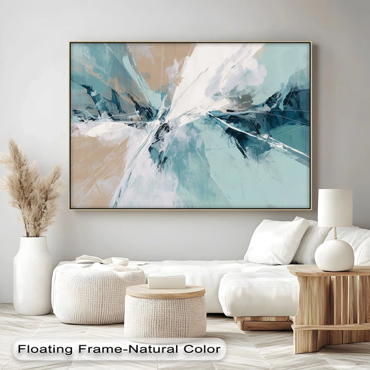 Highlighting the subtle frame of this Glacial Pulse abstract art, this framed canvas wall art enhances the cool-toned, dynamic composition.