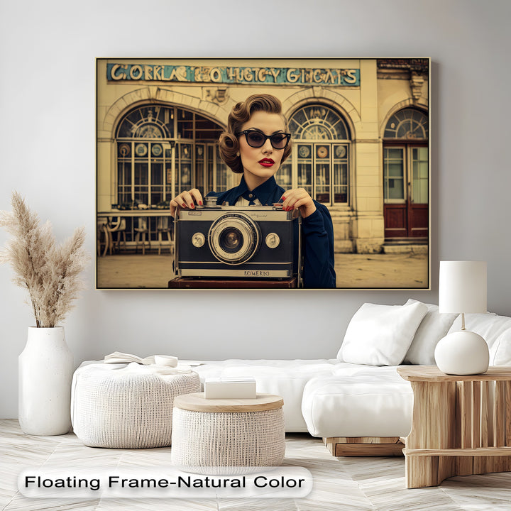 Retro Portrait with Giant Camera – Vintage Glamour Canvas Print
