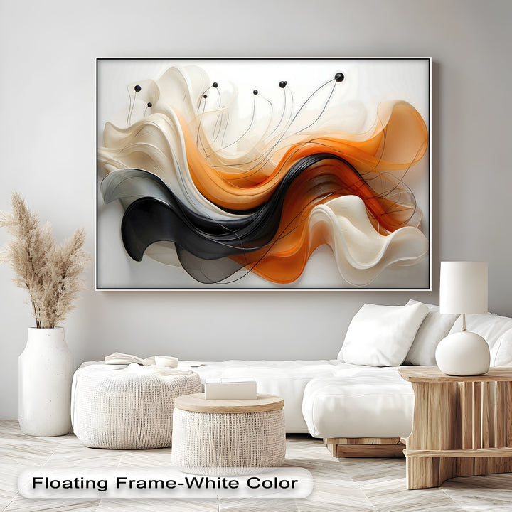 Deeply layered and undulating ribbons of orange, black, and cream create a stunning 3D abstract effect on this high quality canvas prints.
