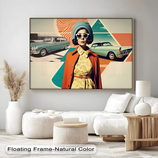 Natural color floating frame showcases the high quality canvas prints of retro glamour drive featuring vintage fashion and classic cars in a stylish piece.