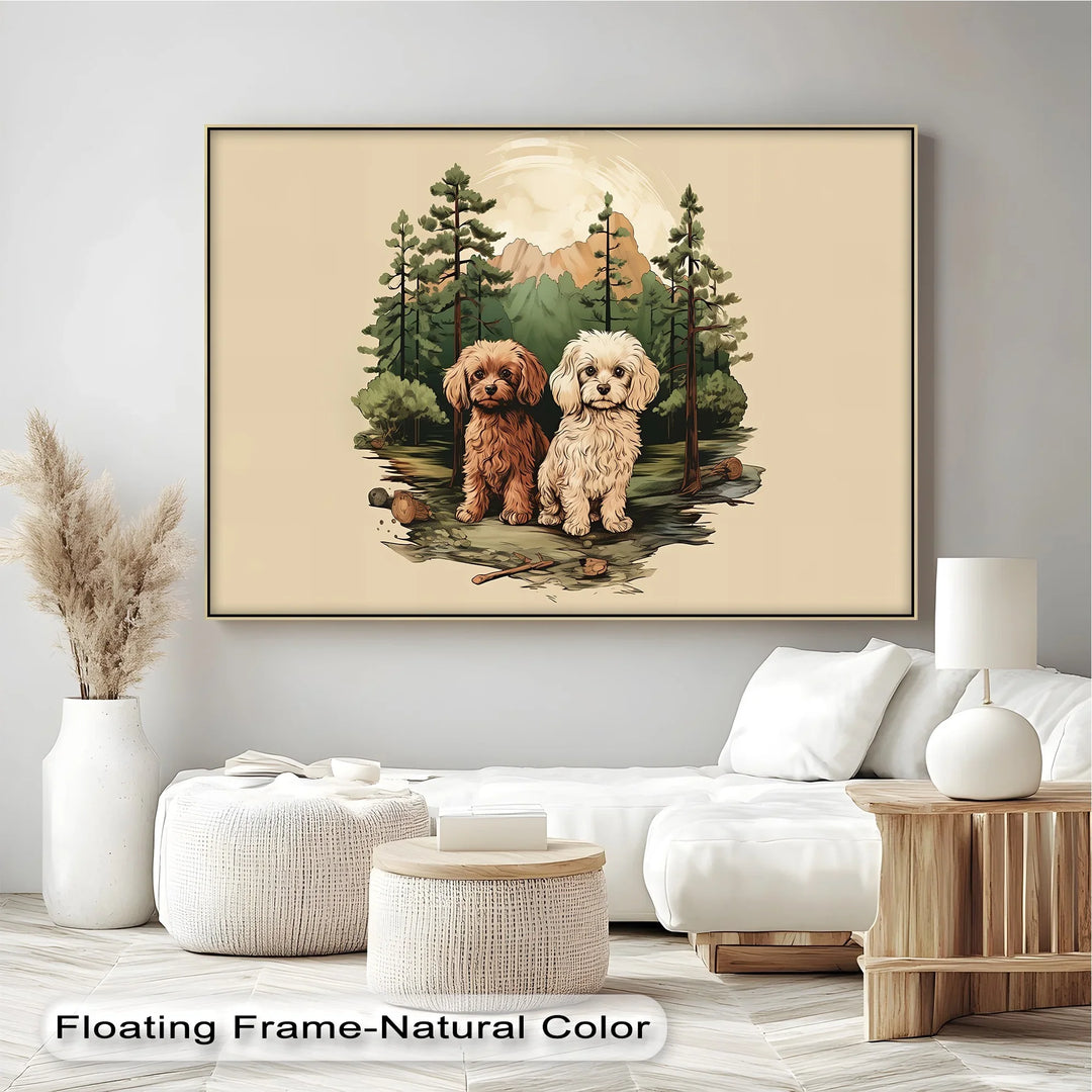 Wilderness Companions – Two Puppies in Forest Mountain Scene Canvas Print - MyPhotoStation
