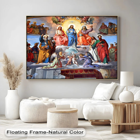 Awe-inspiring mood emanates from this Renaissance-style religious canvas artwork depicting the Heavenly Coronation scene, showcasing a beautiful and devotional piece of canvas artwork.