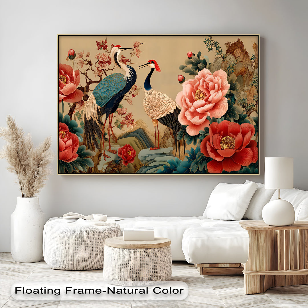 Cranes and Peonies Oriental - Canvas Wall Art | Large Canvas
