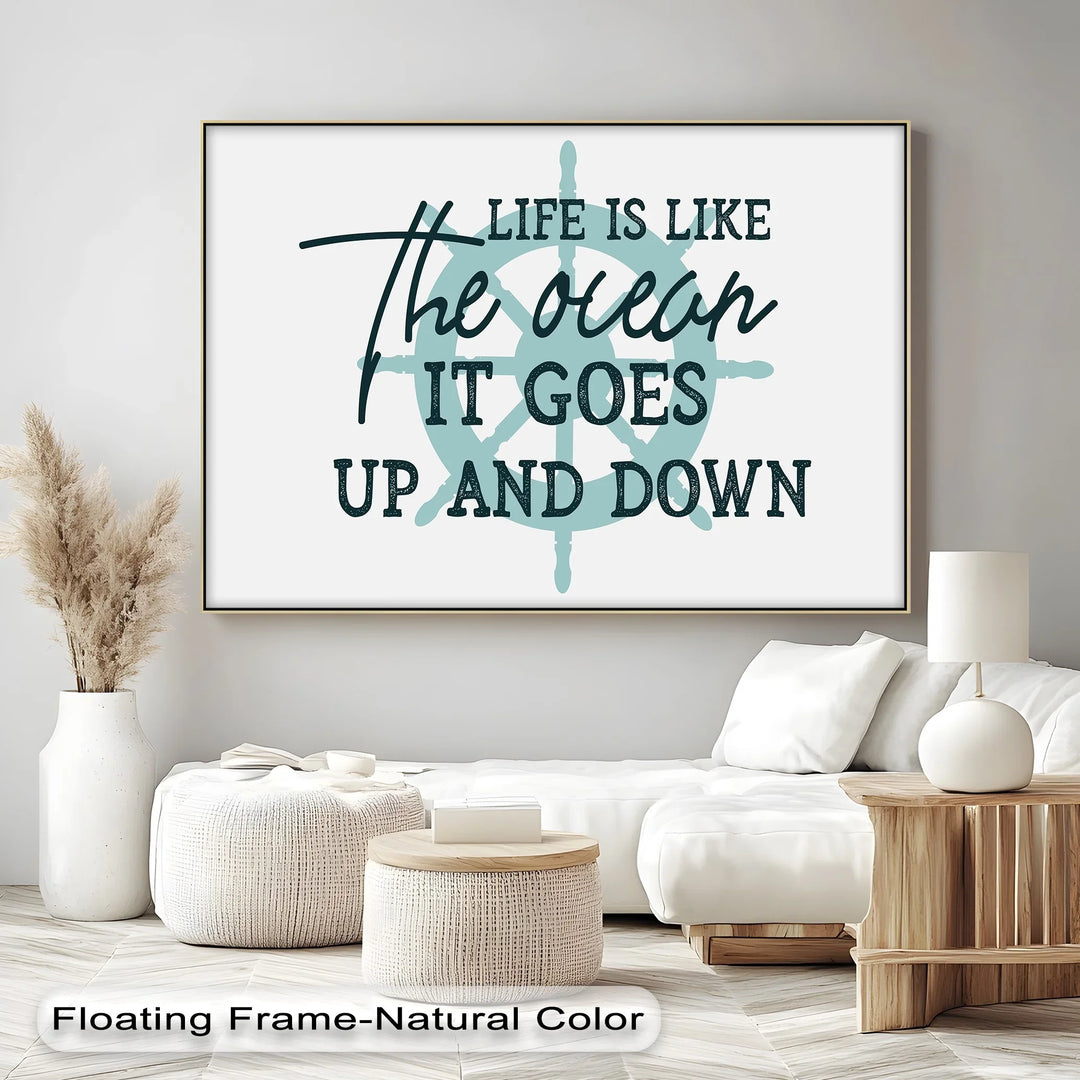 Life quote canvas with ocean-themed typography

