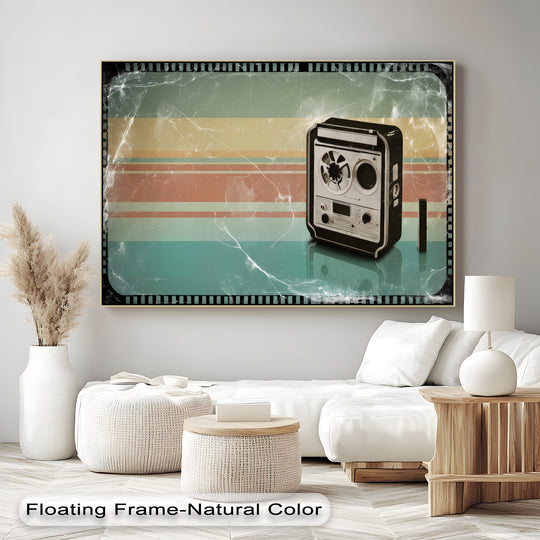 Featuring a distinctive filmstrip edge, this canvas artwork presents a vintage reel recorder over retro stripes, accentuating the border detail of this nostalgic tape and time canvas print.