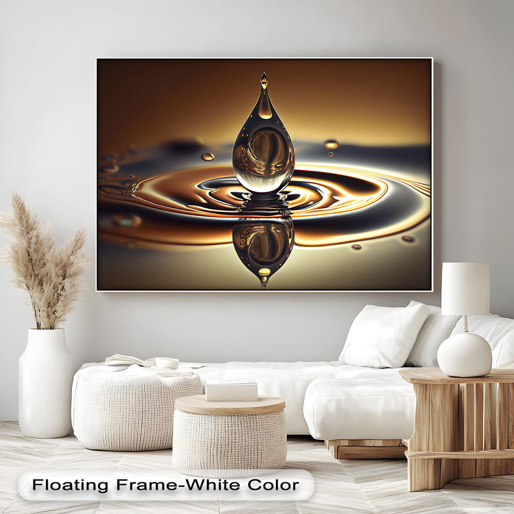 Striking color contrast enhances vibrant golden water drop canvas pictures against a deep dark, reflective surface with flowing ripples.