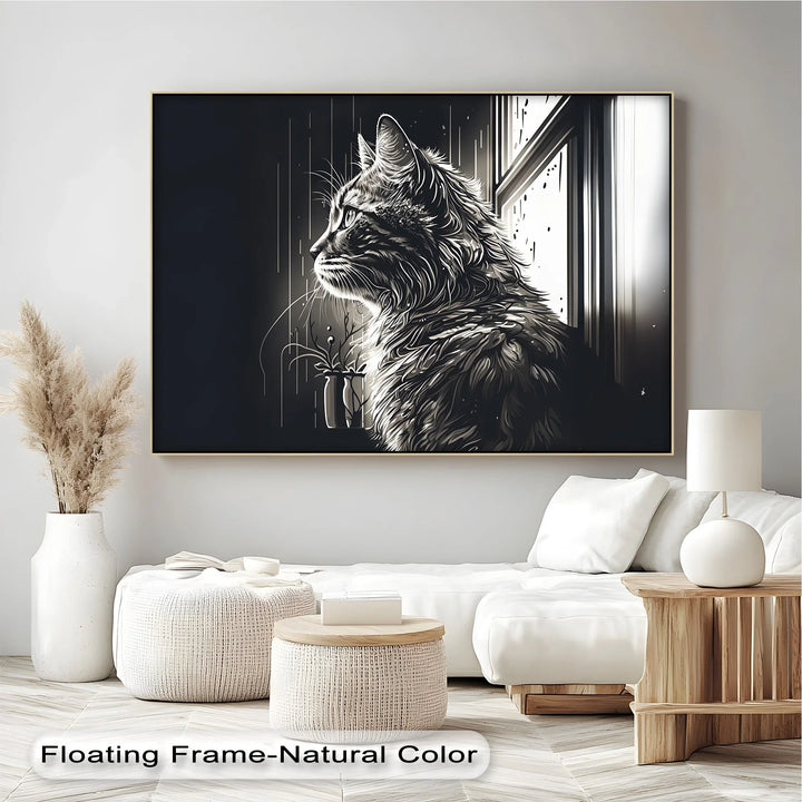 Cat Looking Out the Window in Monochrome - Cat Canvas Print - MyPhotoStation