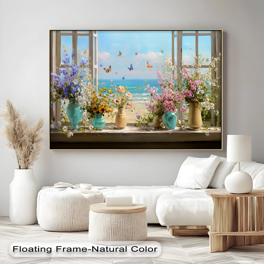 Pastel blooms and gentle butterflies create a soft, inviting atmosphere in this Butterflies and Blossoms – Seaside View Floral unique canvas print.