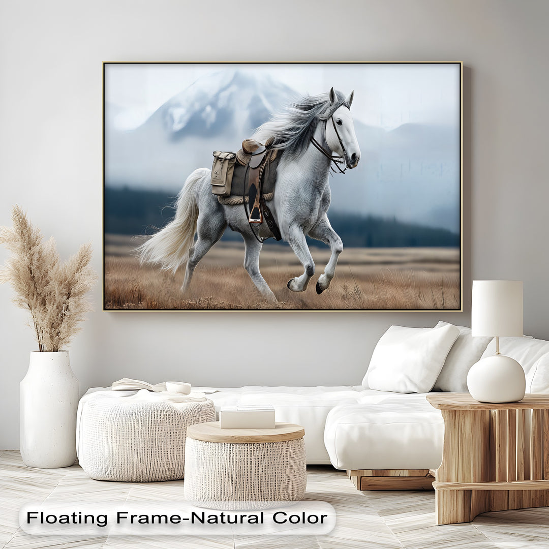 Gallop in the Mist – White Horse with Saddle Canvas Print