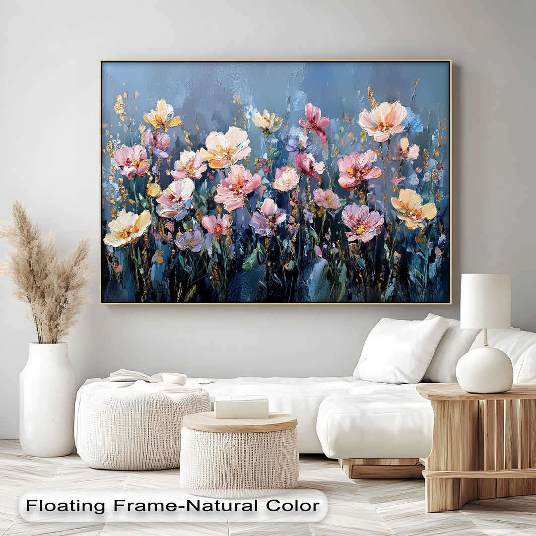 Twilight Bloom – Elegant Garden Flowers on Blue Canvas Print