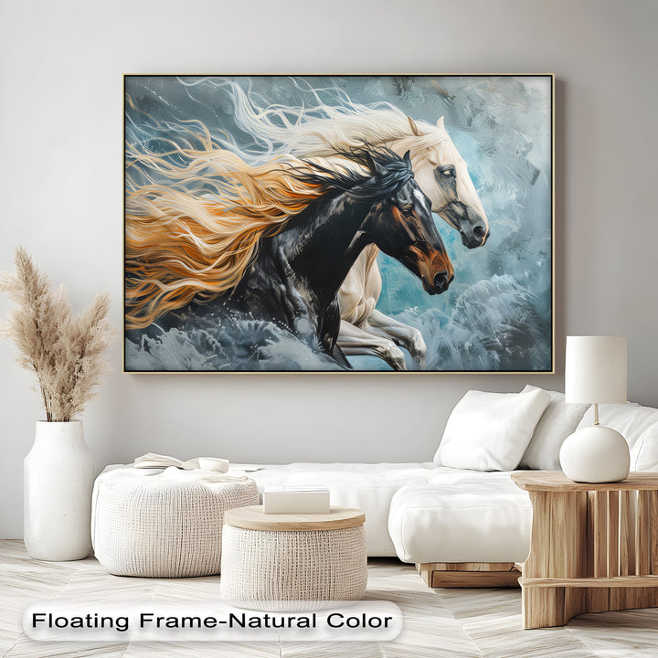 Tempest Charge – Black and White Stallions Abstract Canvas Print