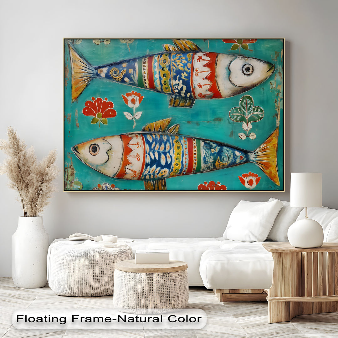 Highlighting its vibrant color contrast, this Scandinavian folk art canvas wall art showcases a colorful folk fish print, a visually captivating hanging canvas.