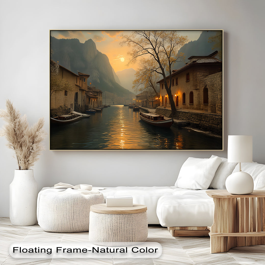 Sunset Canal Serenity – Lakeside Village Canvas Wall Art | Canvas Artwork