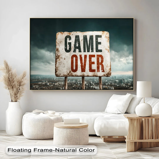 The focal point of this edgy 'Game Over' canvas wall art shows bold typography in a grunge urban style, perfect for gamers and those looking for decorative canvas wall art.