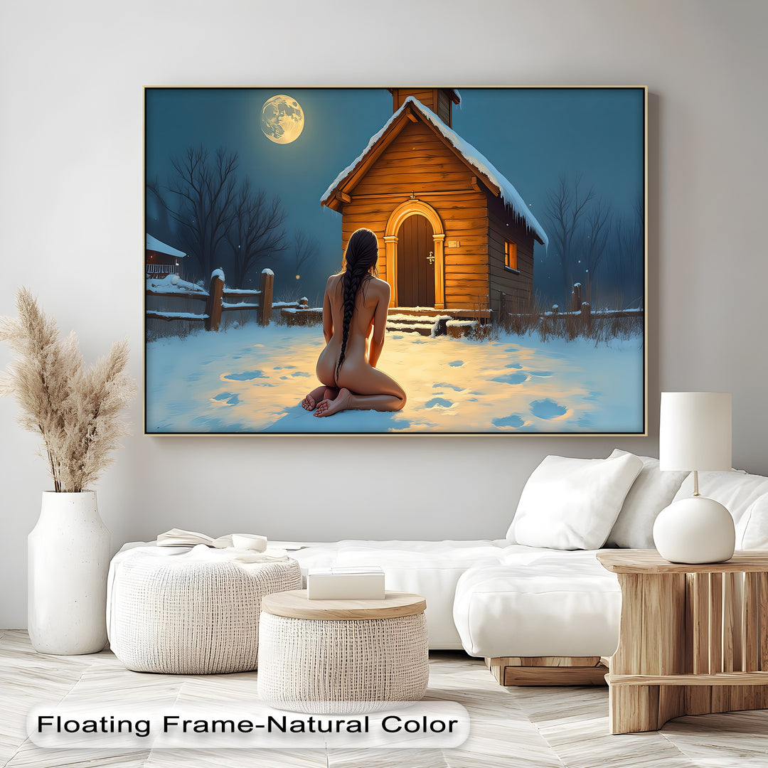 Moonlit Prayer – Sensual Nude in Snowy Night Erotic Canvas Print | Framed Art